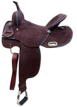 14" CIRCLE S Barrel style saddle with Teal buck stitch accents